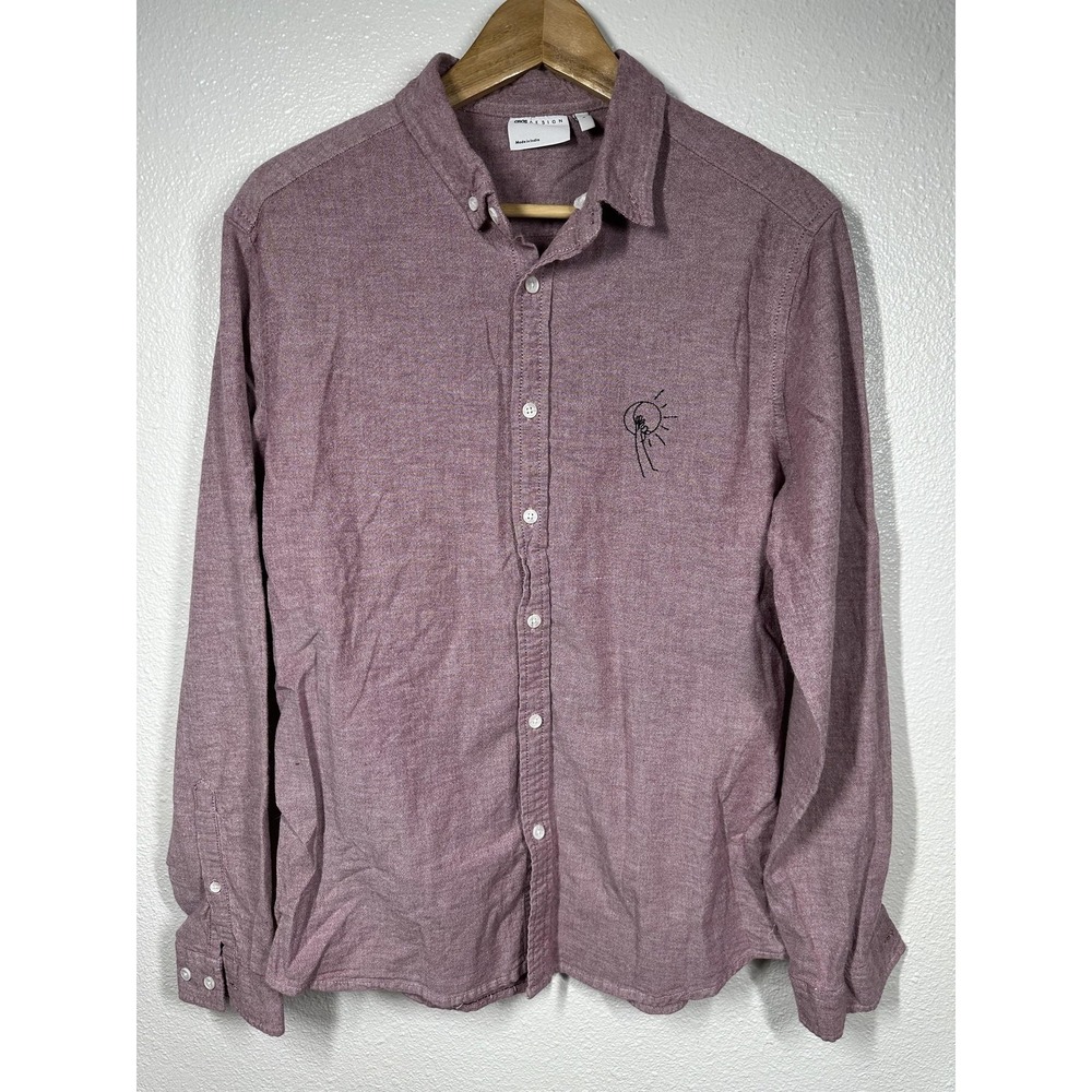 ASOS Design Shirt Mens Large Purple Button Up Long Sleeve Embroidered Sun Casual